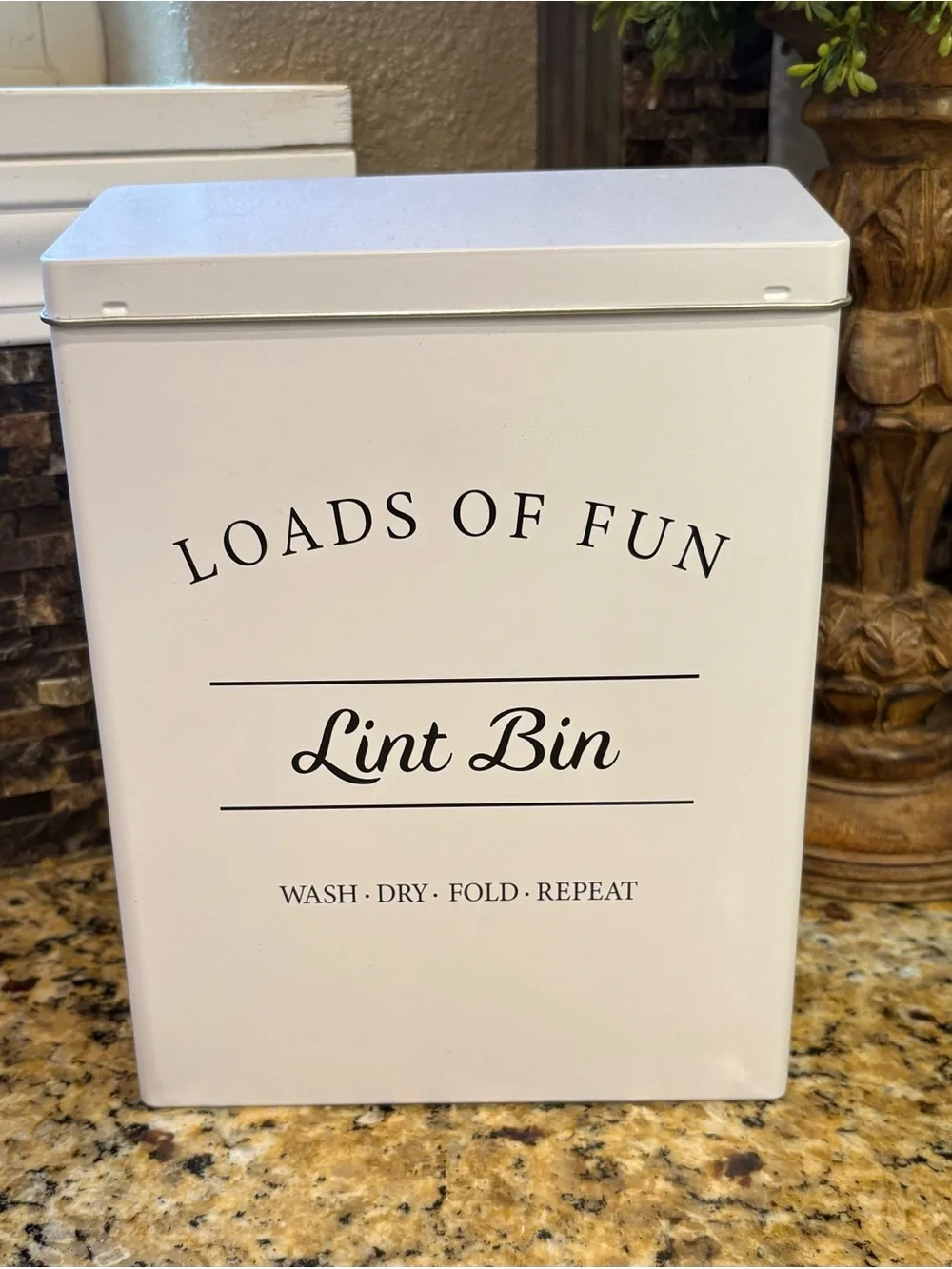 Loads of Fun Lint Bin - White Laundry Tin